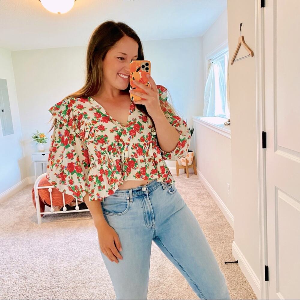 Rhode Resort White Pink Red Floral Dazzle Elodie Crop Blouse Top Medium M - Picture 1 of 15